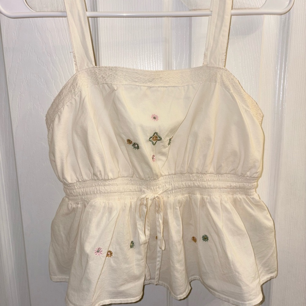 Cream Floral Embroidered Peplum Tank Top Cottagecore